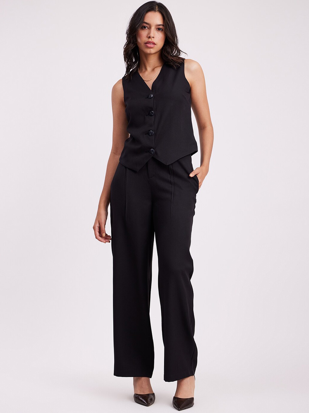 

FableStreet V-Neck Button Detail Top & Trouser, Black