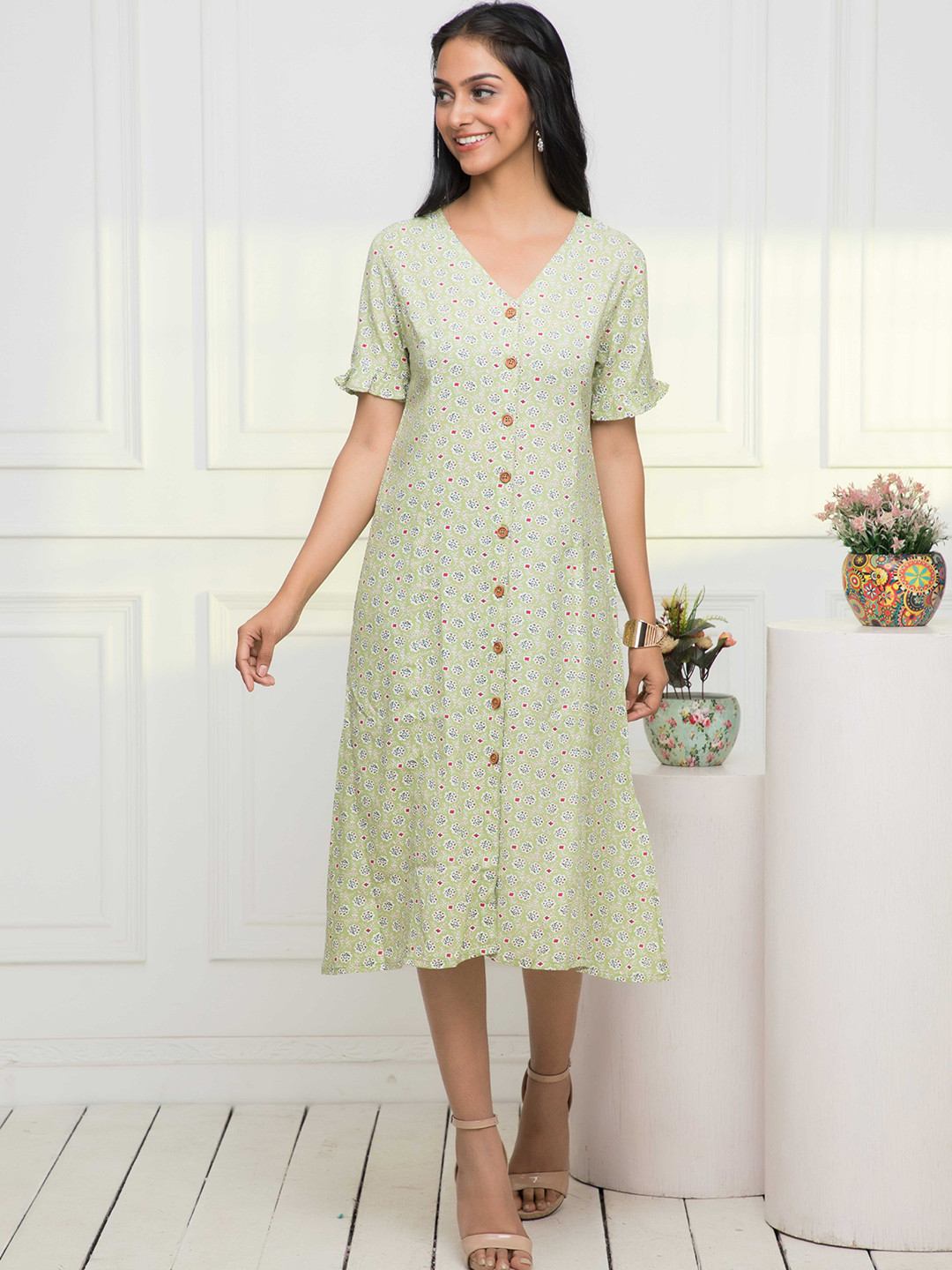

KALINI Floral Printed V-Neck A-Line Dress, Green