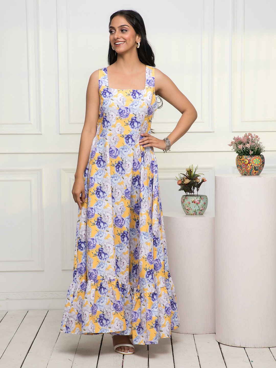 

KALINI Floral Printed Square Neck Maxi Dress, Yellow