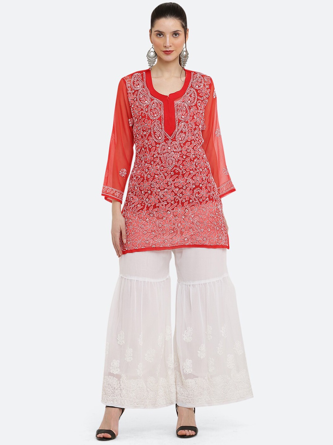 

FAWOMENT Floral Embroidered Regular Thread Work Georgette Kurti With Sharara, Red