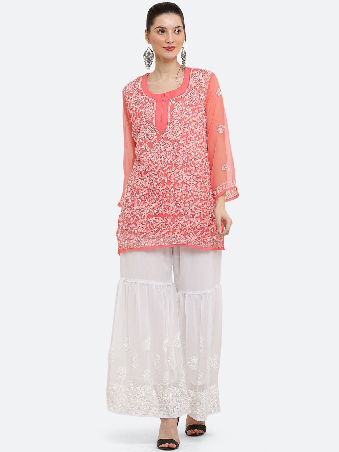 

FAWOMENT Floral Embroidered Straight Kurti With Palazzos, Peach