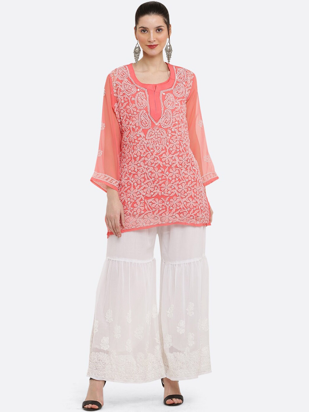 

FAWOMENT Floral Embroidered Straight Kurti With Palazzos, Peach