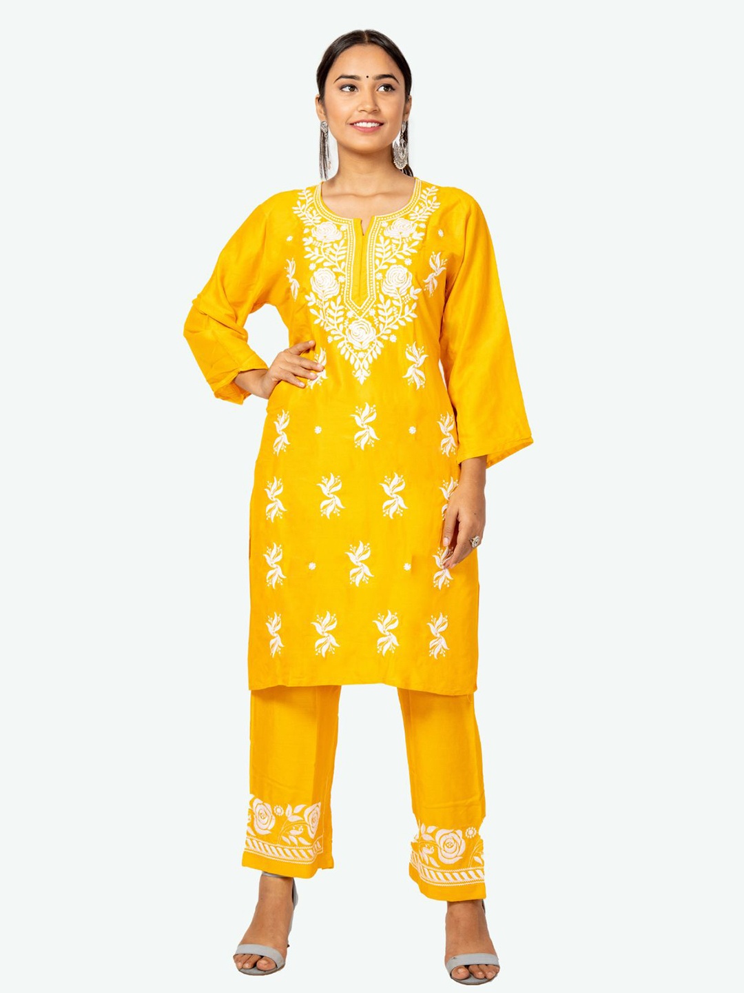 

FAWOMENT Floral Embroidered Straight Kurti With Palazzos, Yellow