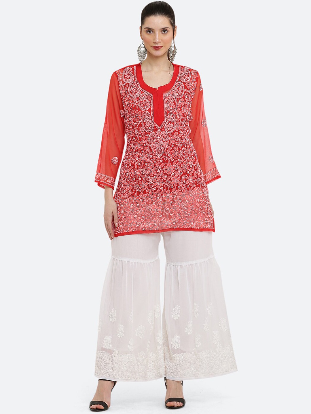 

FAWOMENT Floral Embroidered Straight Kurti With Palazzo, Red