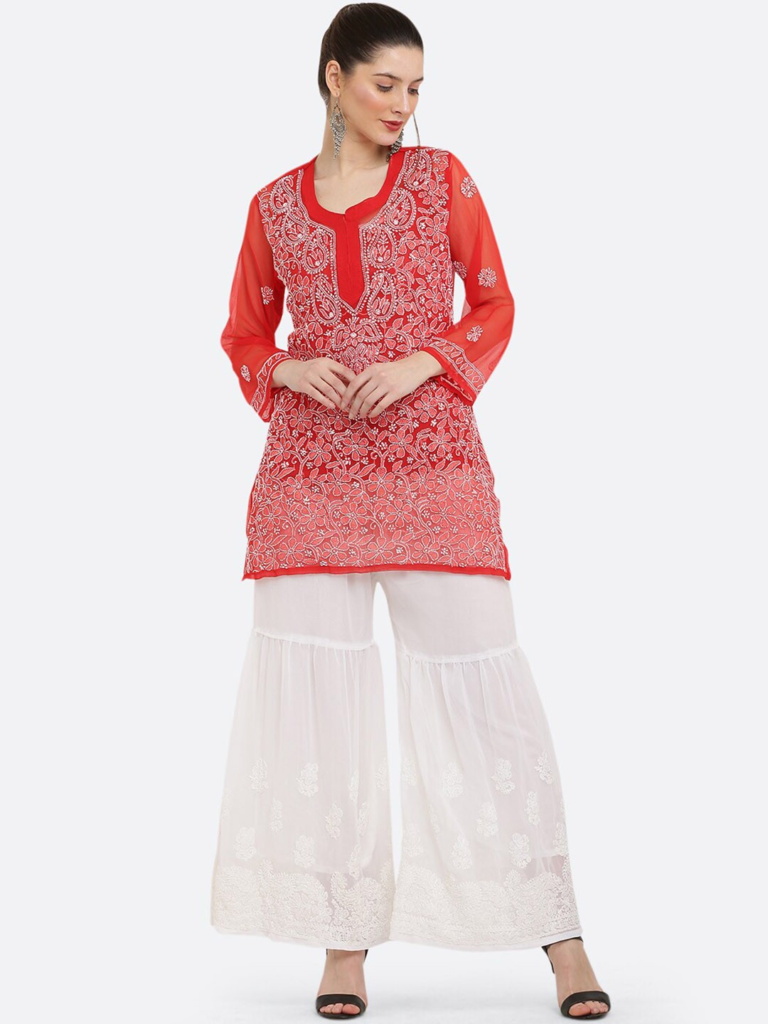 

FAWOMENT Floral Embroidered Straight Kurti With Palazzos, Red