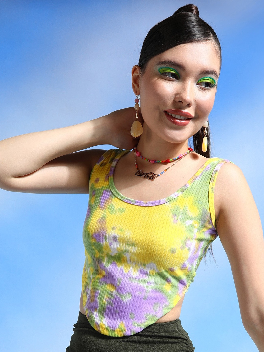 

Popwings Yellow Rip Tie and Dye Round Neck Crop Top
