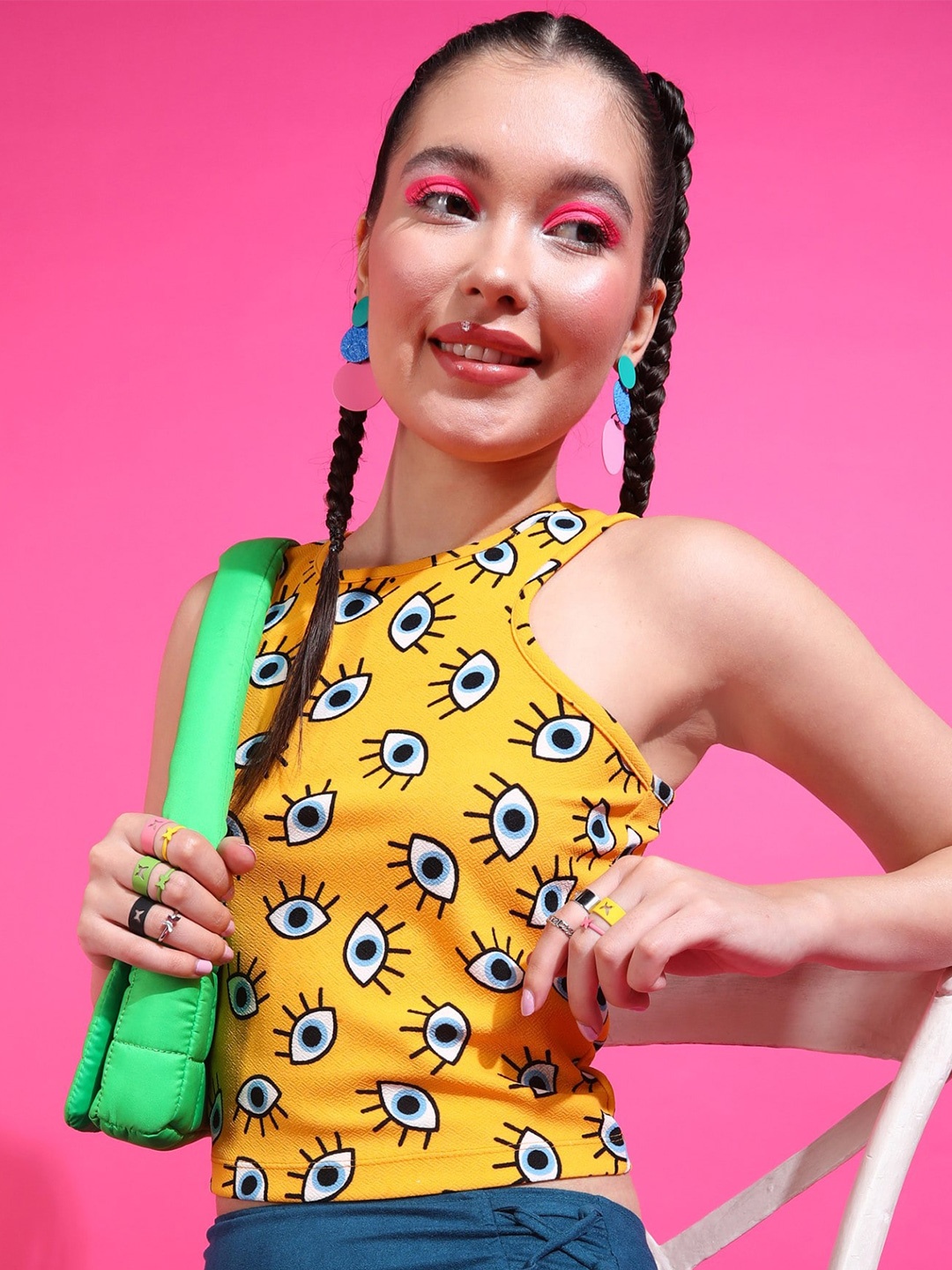 

Popwings Yellow Conversational Print Sleeveless Crop Top
