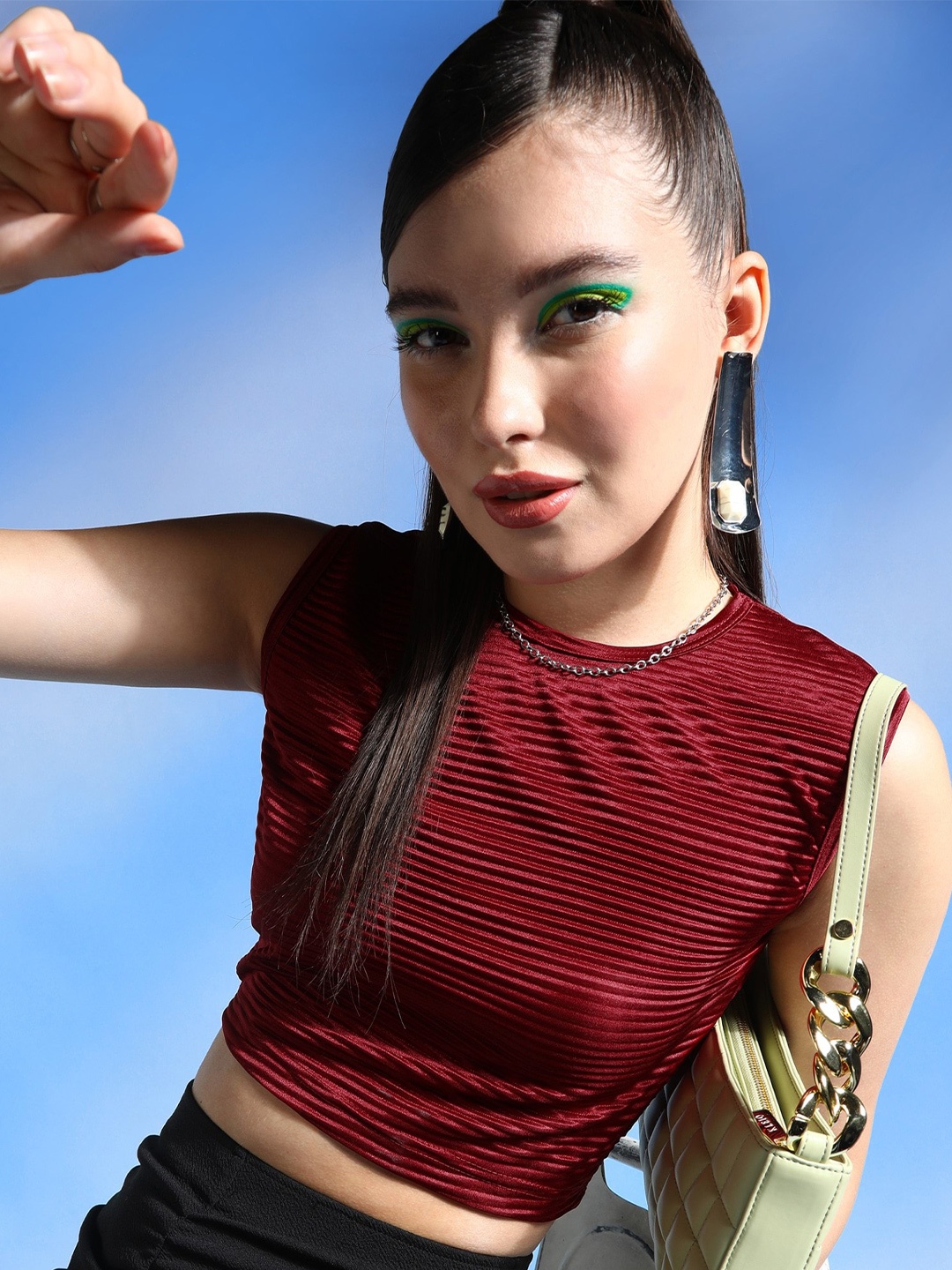 

Popwings Maroon Striped Sleeveless Crop Top
