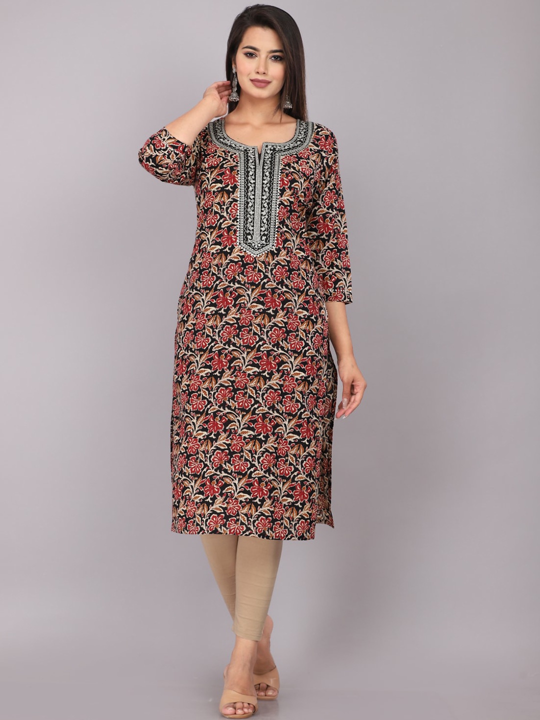 

JC4U Floral Printed Thread Work Cotton Straight Kurta, Black