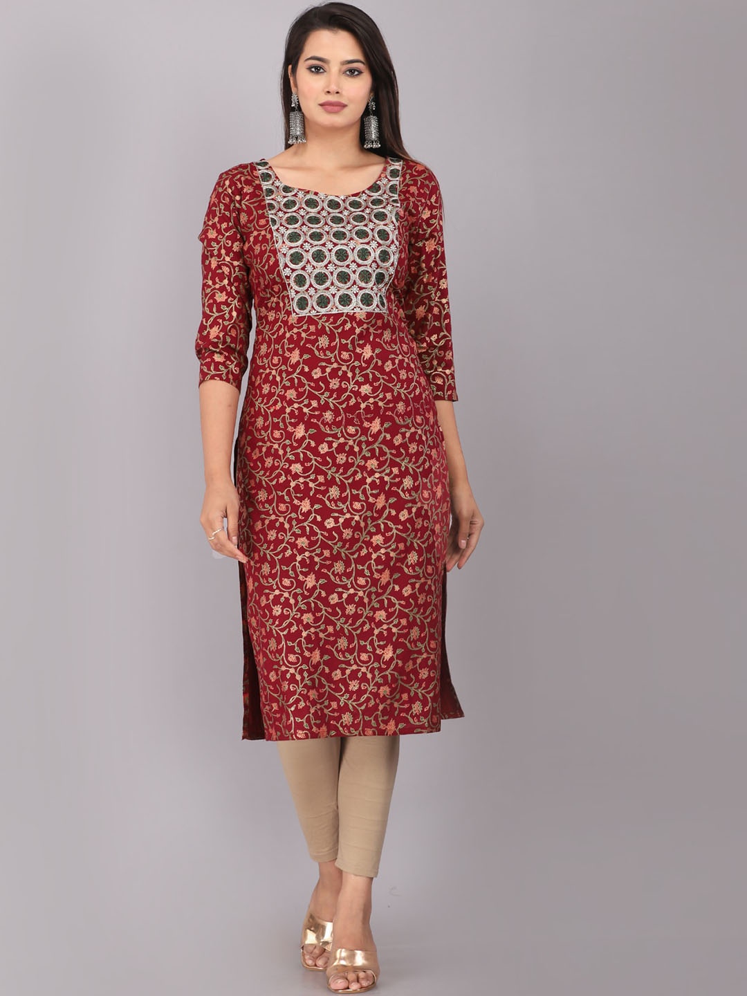 

JC4U Floral Printed Thread Work Straight Kurta, Maroon