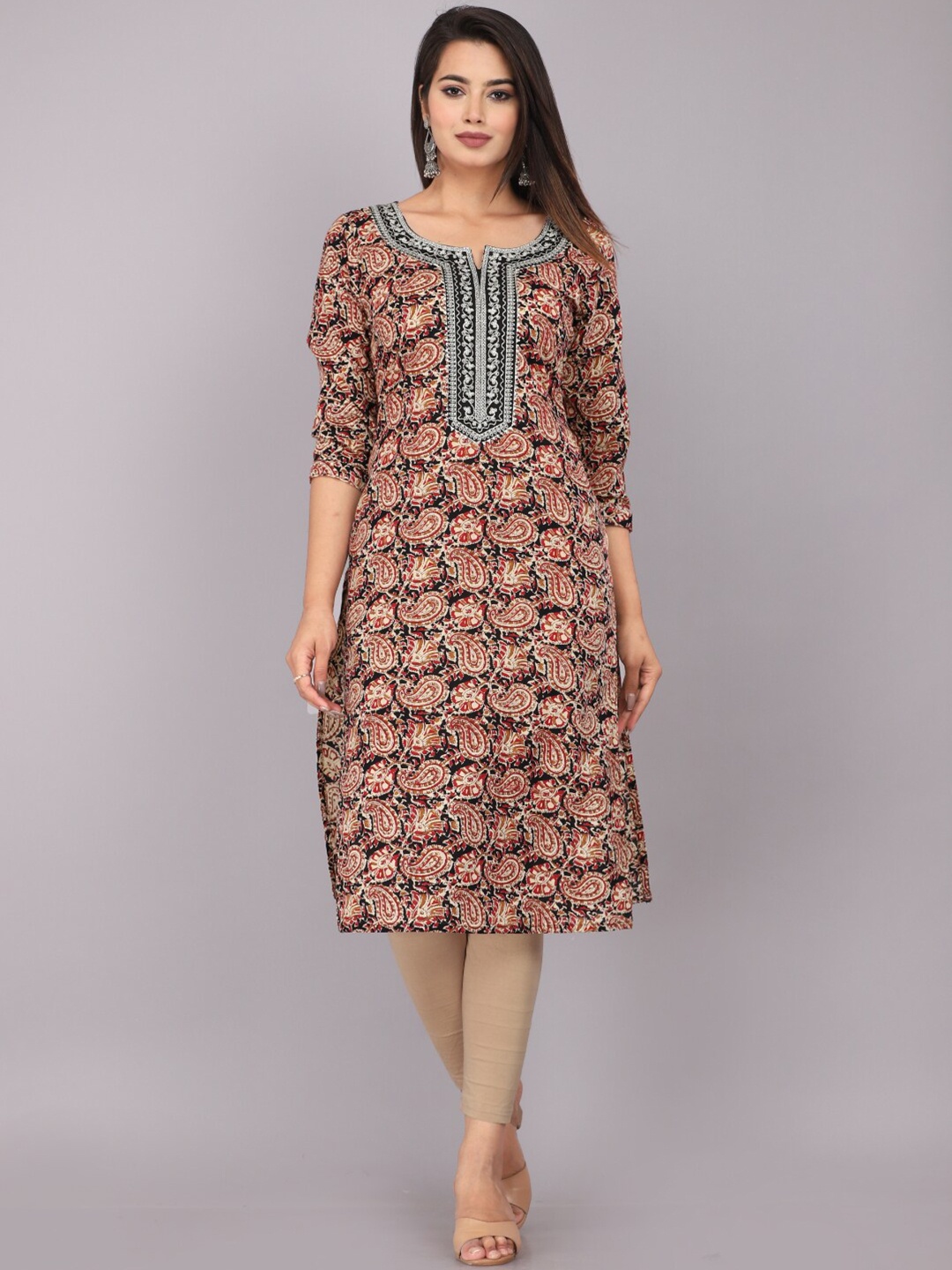 

JC4U Ethnic Motifs Printed Thread Work Cotton Straight Kurta, Maroon