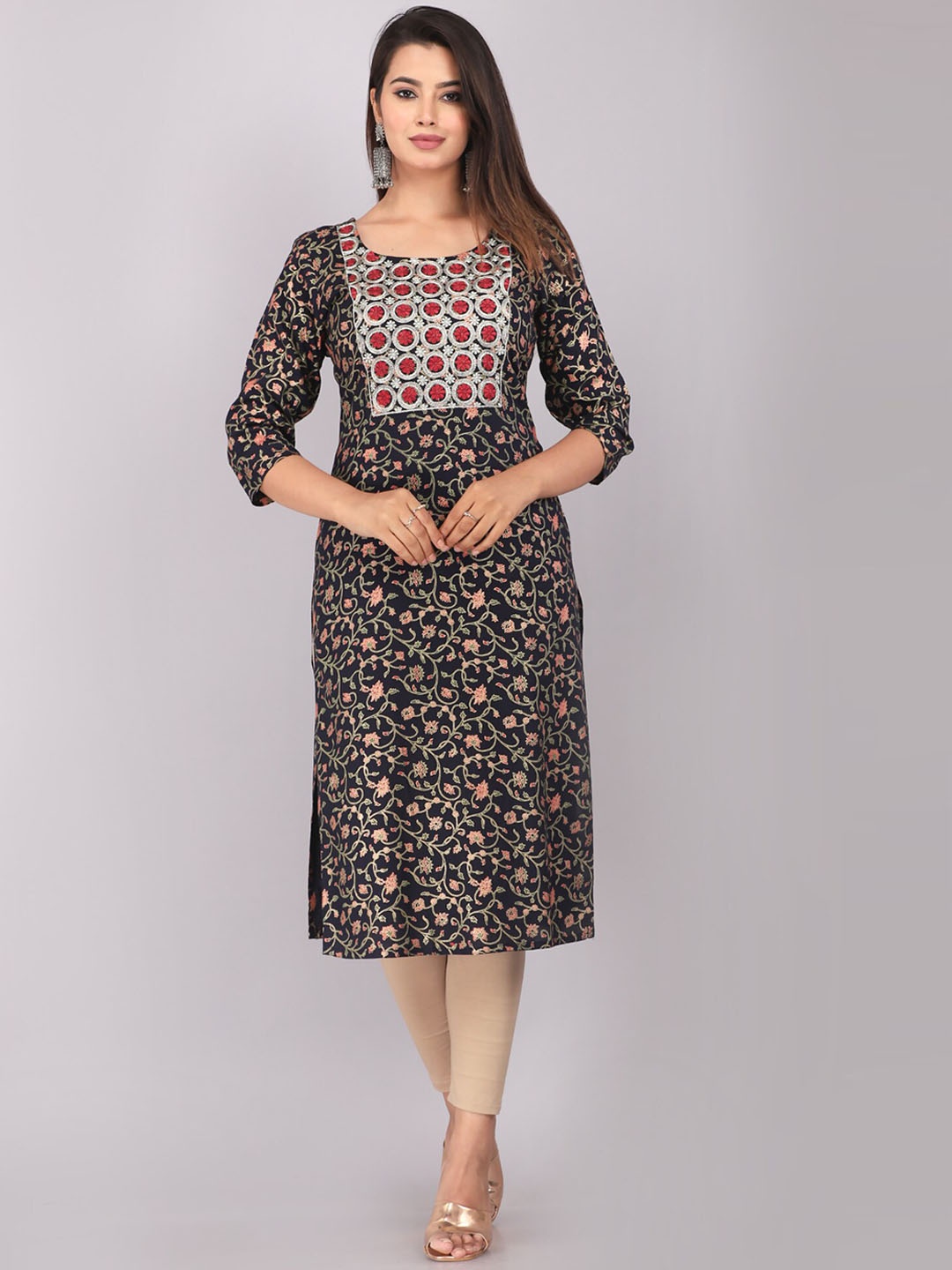 

JC4U Floral Printed Thread Work Detailed Straight Kurta, Blue