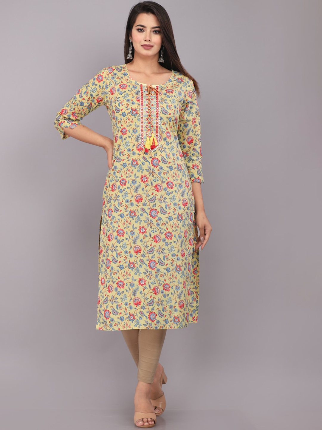 

JC4U Floral Printed Sequinned Kurta, Mustard