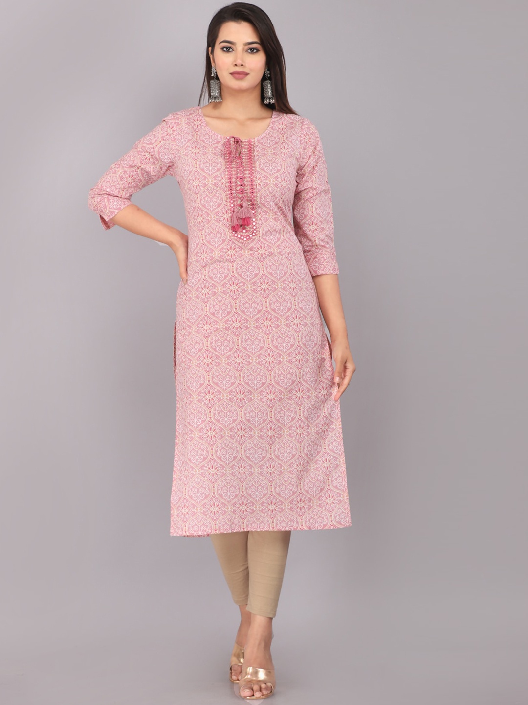 

JC4U Ethnic Motifs Printed Thread Work Kurta, Pink