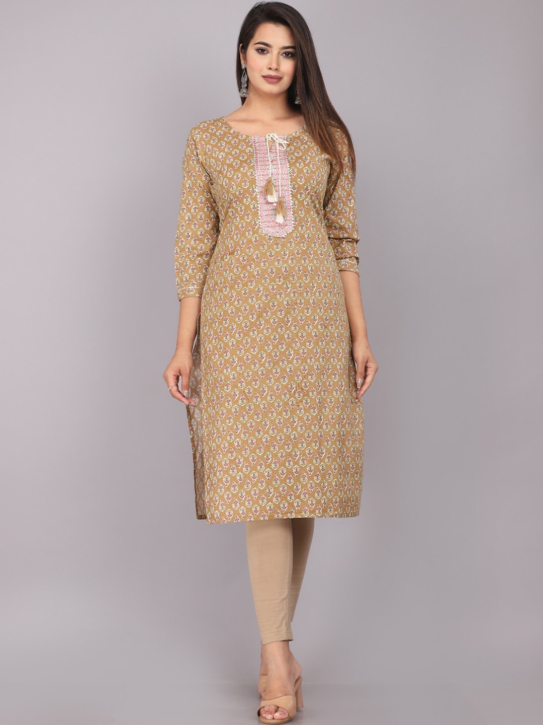 

JC4U Ethnic Motifs Printed Gotta Patti Cotton Straight Kurta, Beige