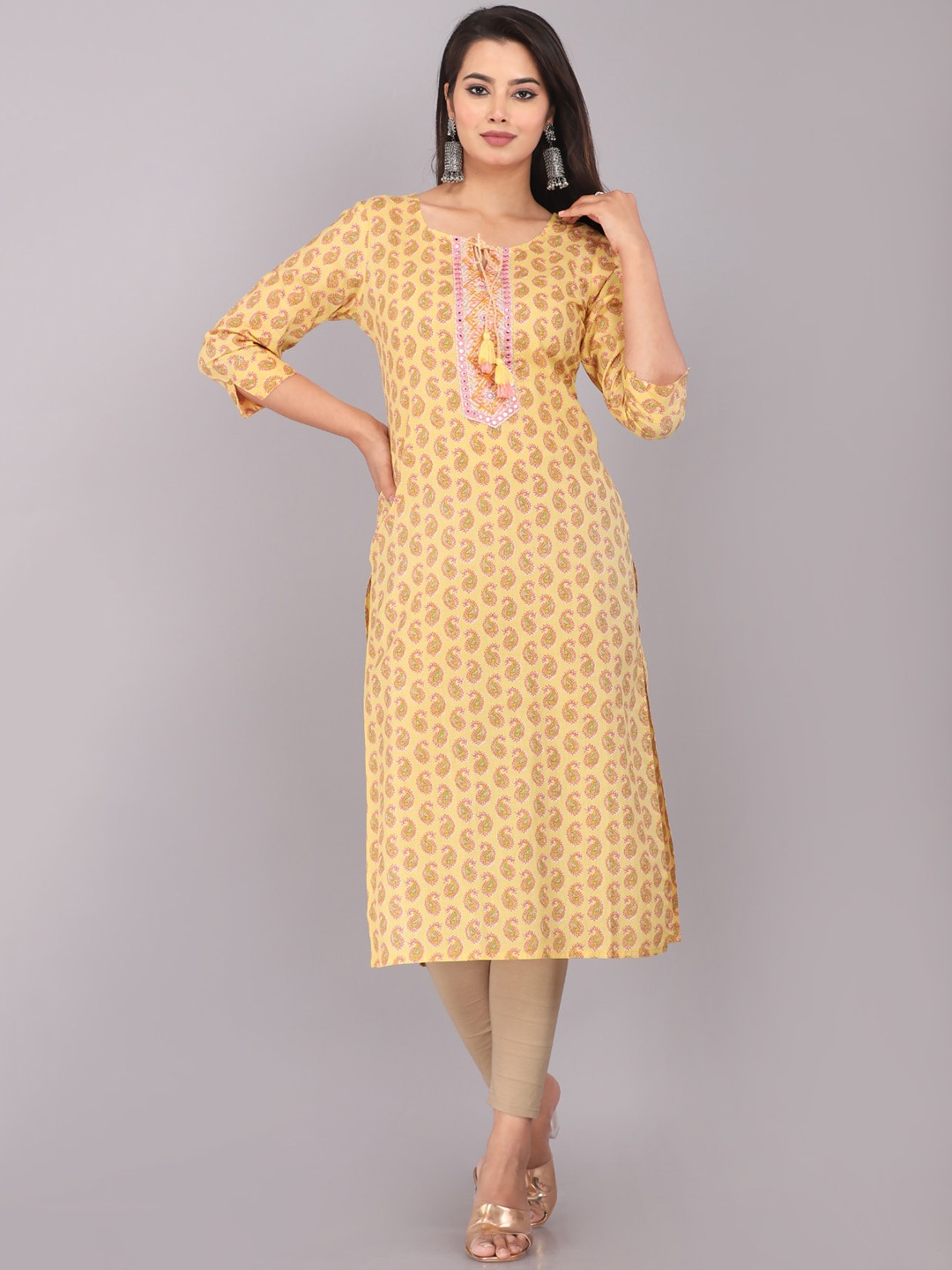 

JC4U Ethnic Motifs Printed Straight Kurta, Yellow