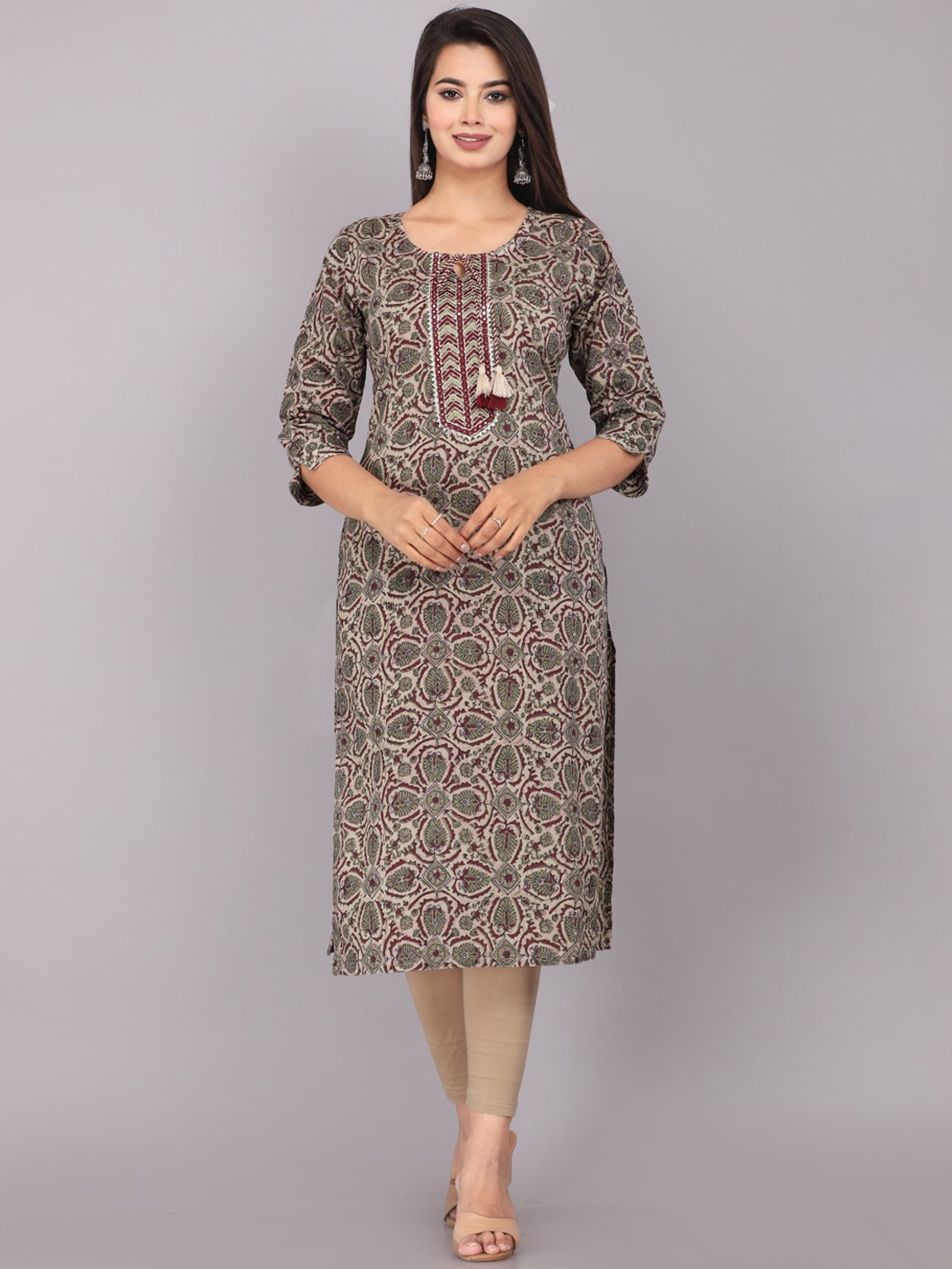 

JC4U Floral Printed Round Neck Gotta Patti Cotton Straight Kurta, Green