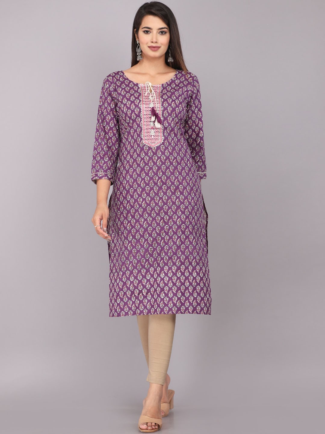 

JC4U Floral Printed Tie-Up Neck Cotton Regular Kurta, Purple