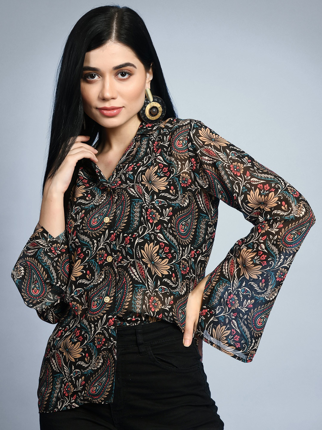 

CHARMGAL Classic Slim Fit Floral Printed Casual Shirt, Black