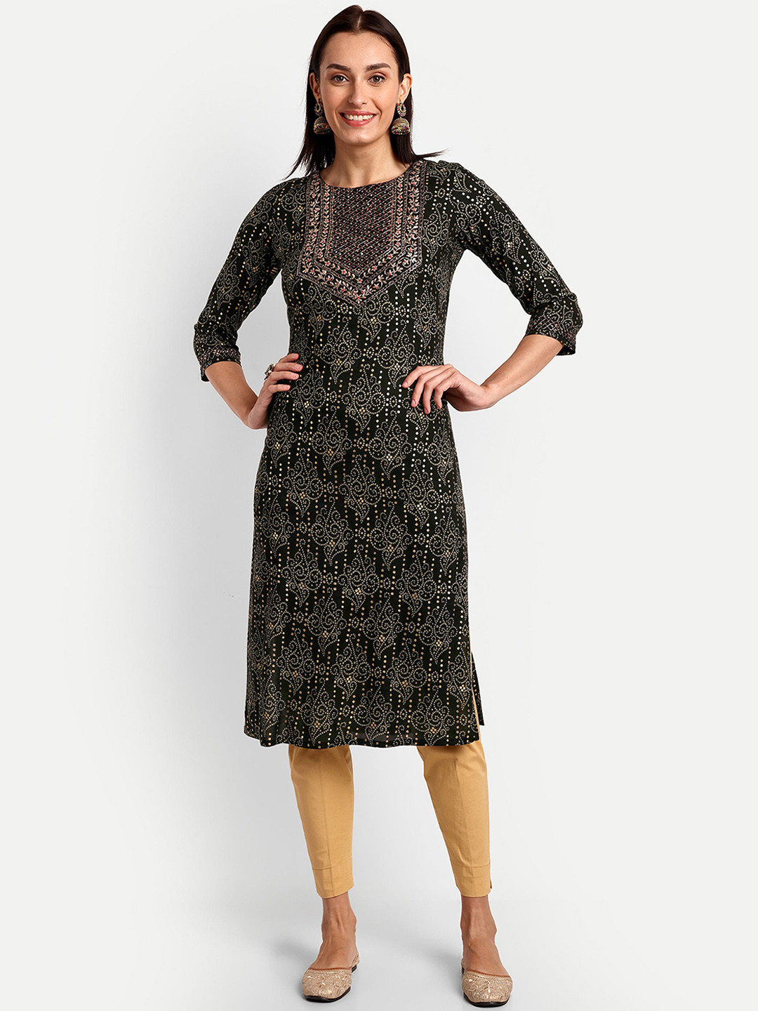 

KAVITA GUPTA Bandhani Printed Sequinned Straight Kurta, Black