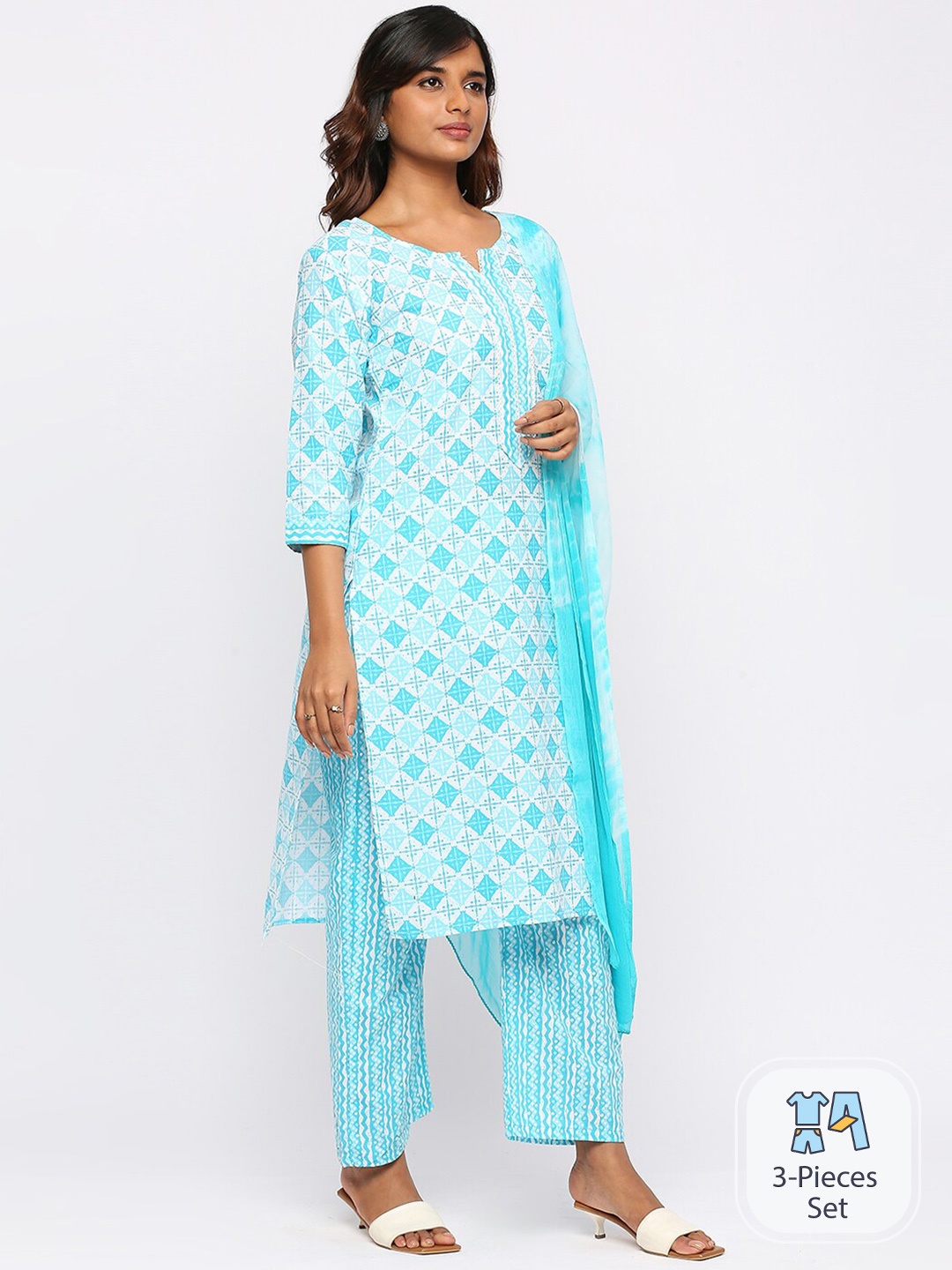 

ZRI Printed Regular Pure Cotton Kurta With Trousers & Dupatta, White