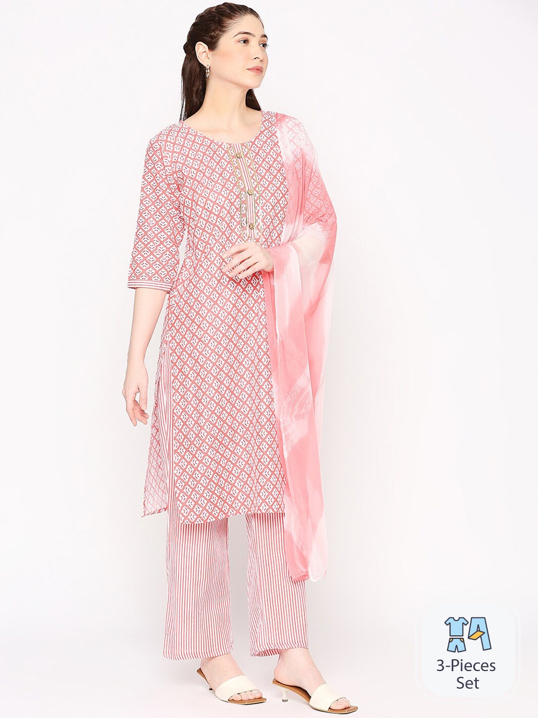 

ZRI Ethnic Motifs Printed Regular Pure Cotton Kurta With Trousers & Dupatta, Peach