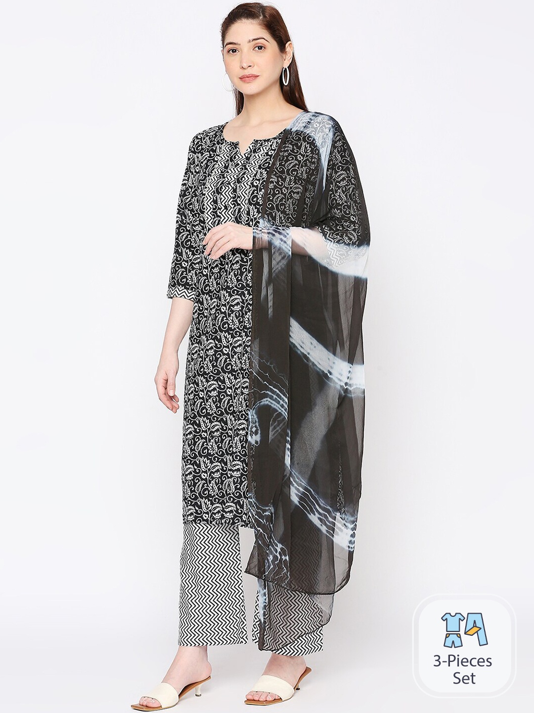 

ZRI Floral Printed Regular Pure Cotton Kurta with Trousers & With Dupatta, Black