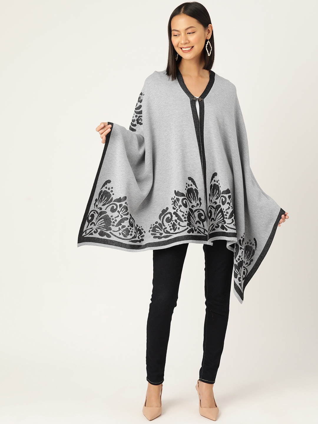 

American Eye Women Woven Design Front-Open Sweater, Grey
