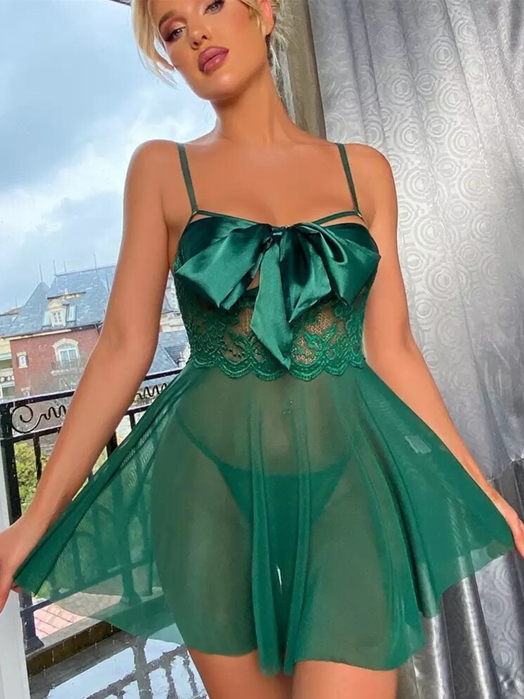 

VAGHBHATT Self Design Shoulder Straps Net Baby Doll, Green