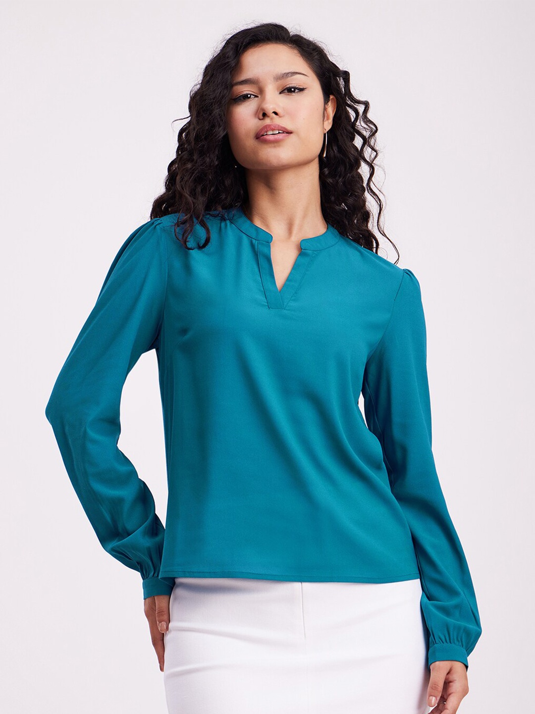 

FableStreet Mandarin Collar Puff Sleeve Regular Top, Teal