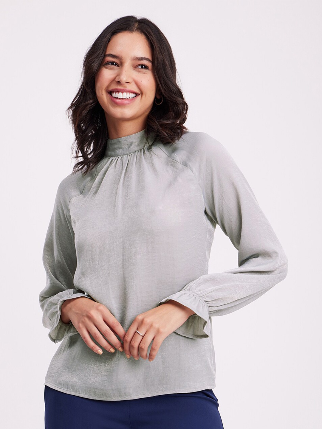 

FableStreet High Neck Cuffed Sleeve Satin Regular Top, Grey