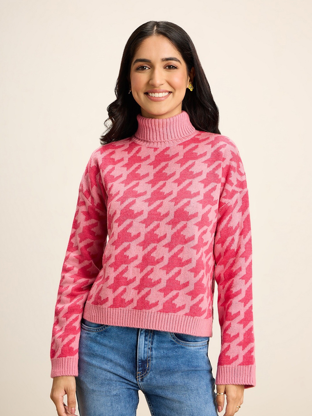 

20Dresses Pink Printed Turtle Neck Acrylic Pullover