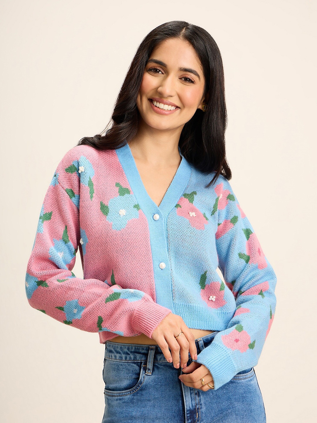 20Dresses Pink & Blue Floral Printed Acrylic Cardigan