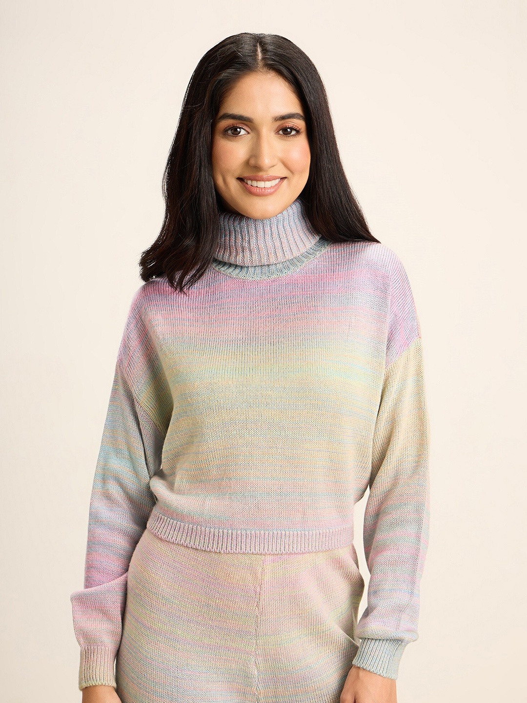 

20Dresses Yellow & Pink Turtle Neck Crop Acrylic Pullover