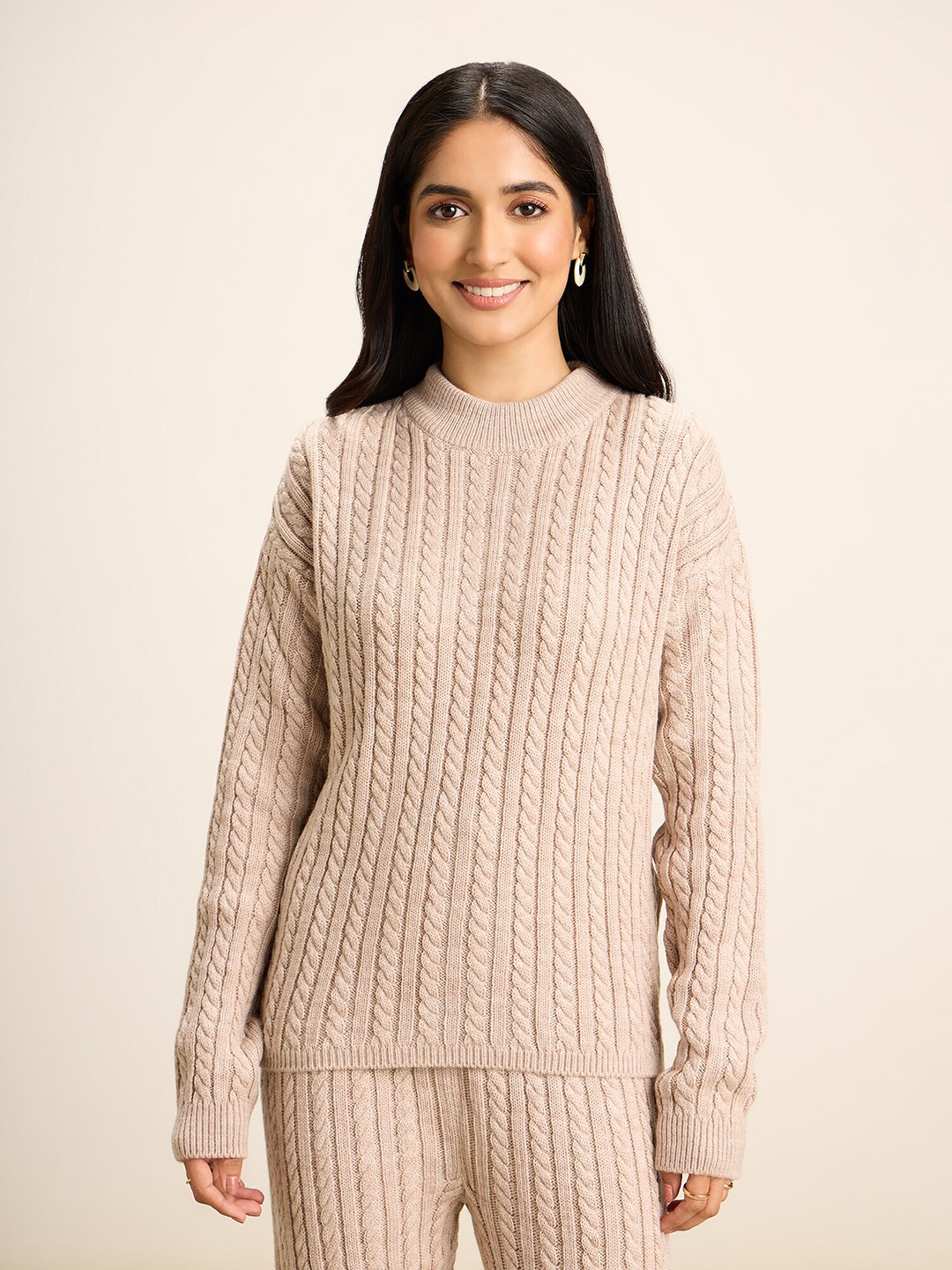 

20Dresses Beige Mock Collar Cable Knit Acrylic Pullover