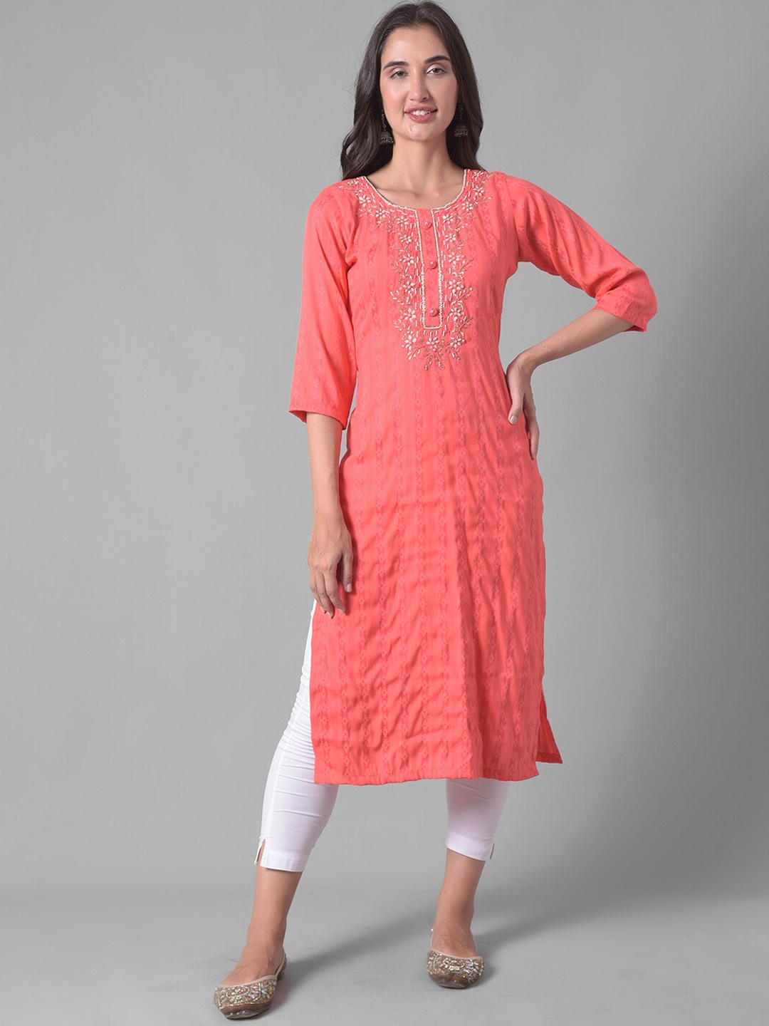 

Dollar Missy Yoke Design Thread Work Straight Kurta, Orange