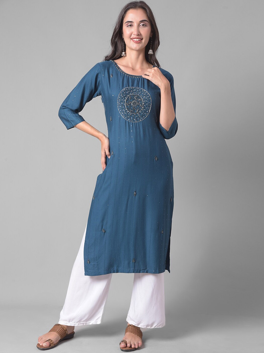 

Dollar Missy Embellished Beads And Stones Three-Quarter Sleeves Kurta, Blue