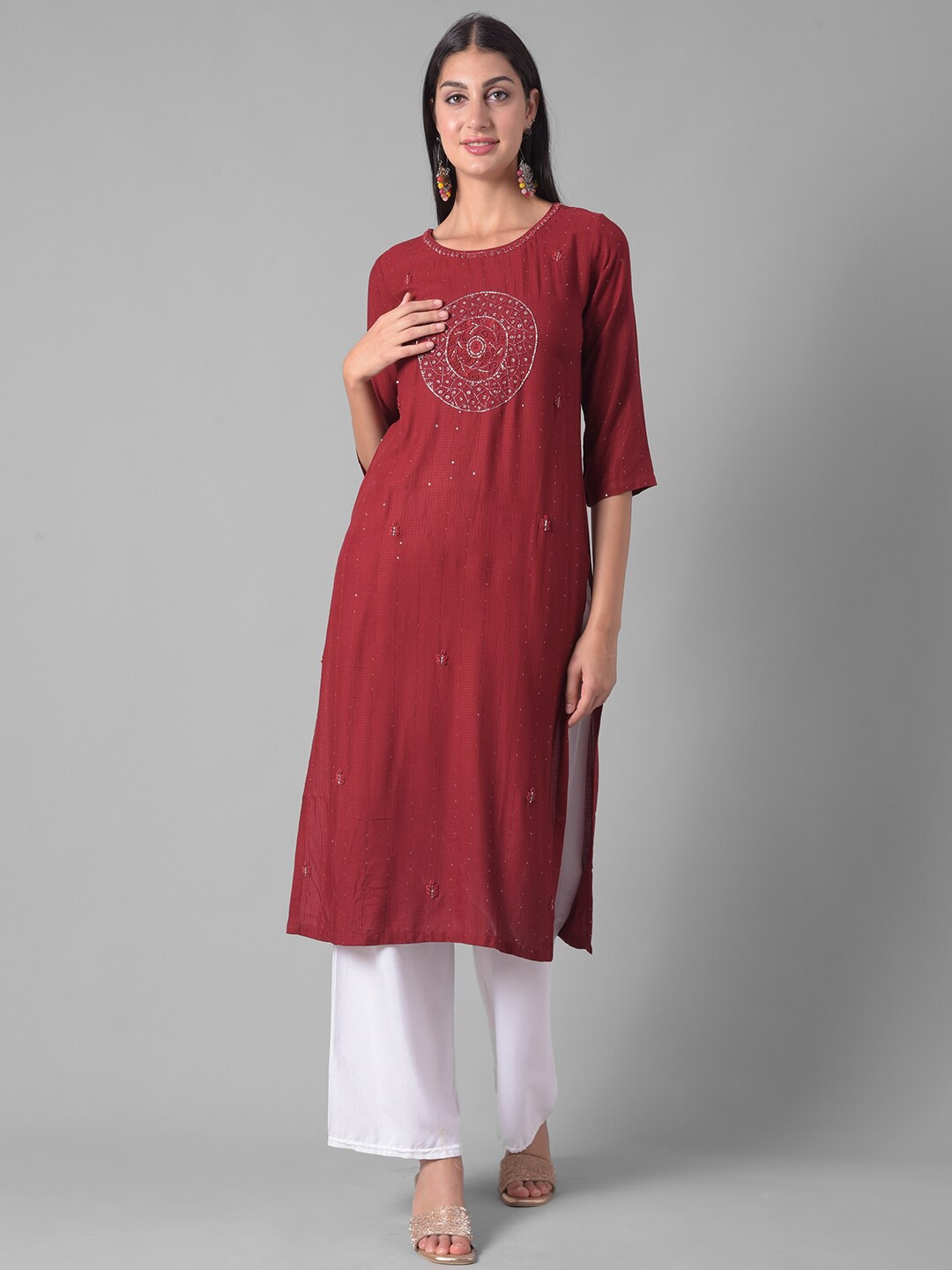 

Dollar Missy Ethnic Motifs Embroidered Round Neck Sequined Straight Kurta, Red