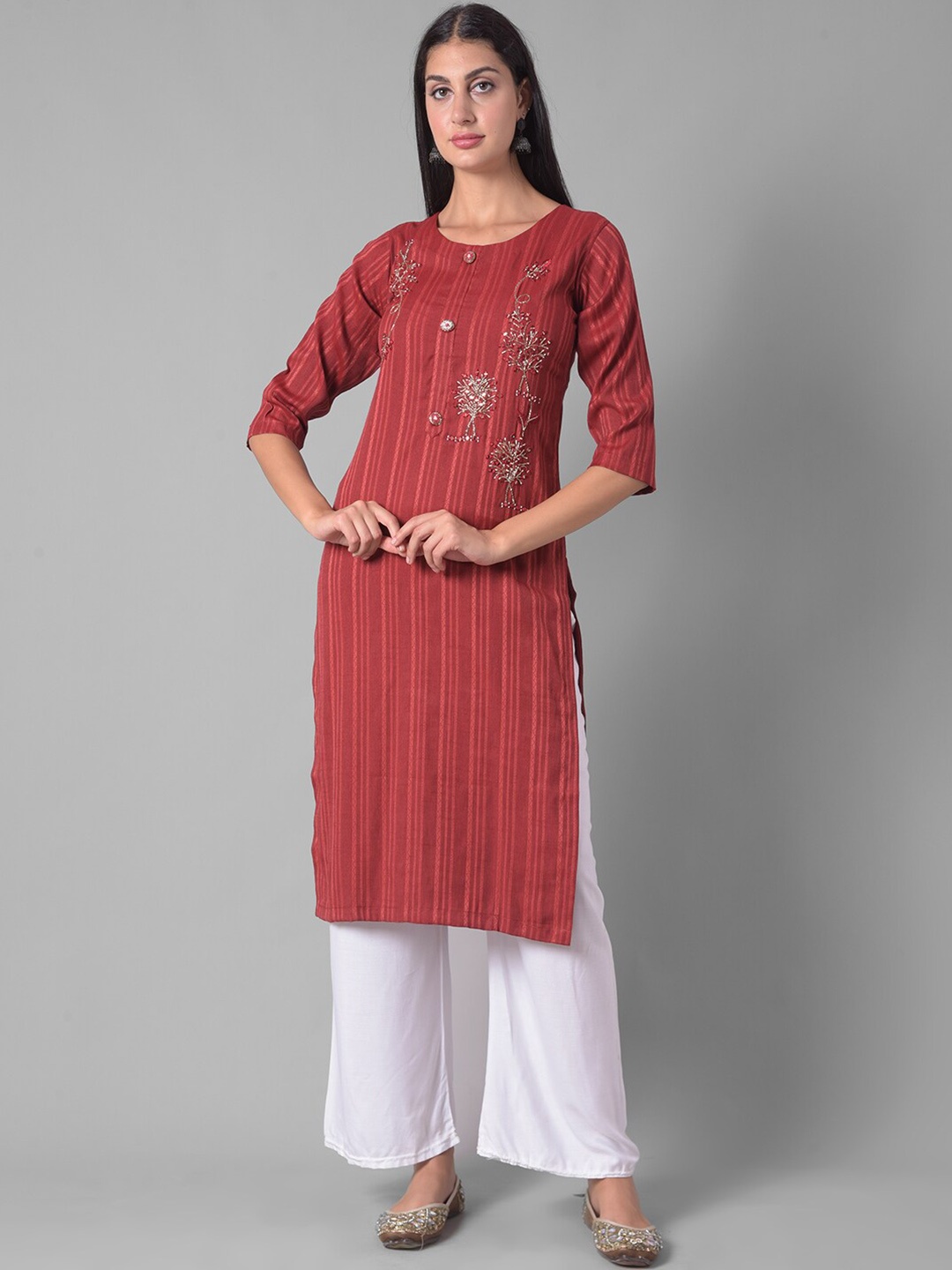 

Dollar Missy Floral Embroidered Beads & Stones Straight Kurta, Maroon