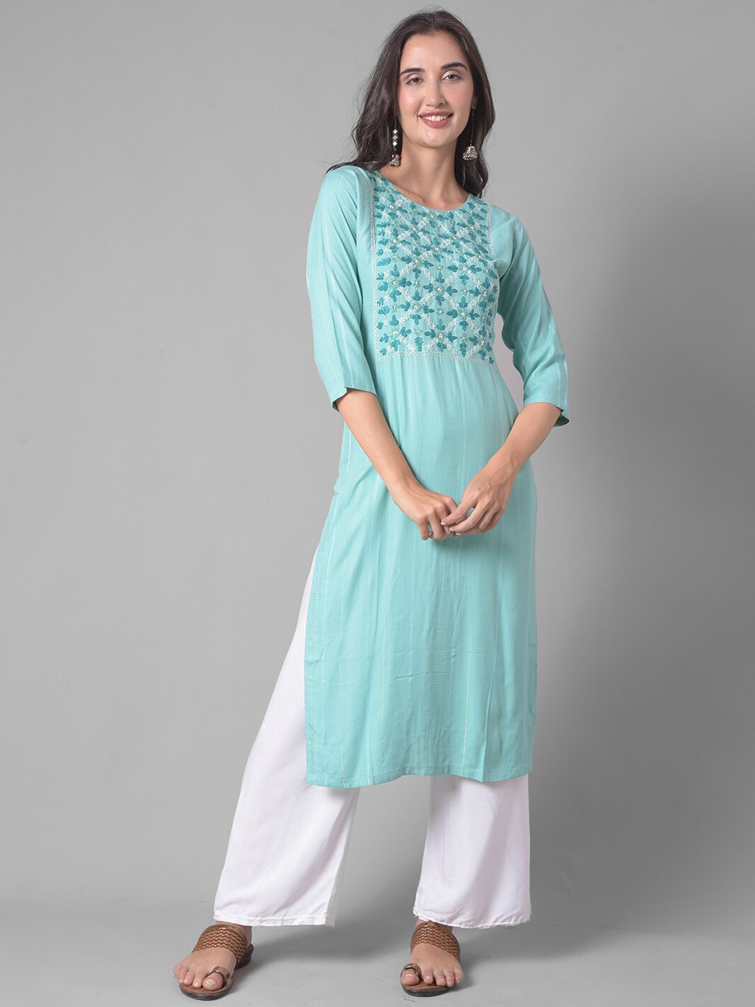 

Dollar Missy Floral Embroidered Yoke Design Thread Work Straight Kurta, Sea green
