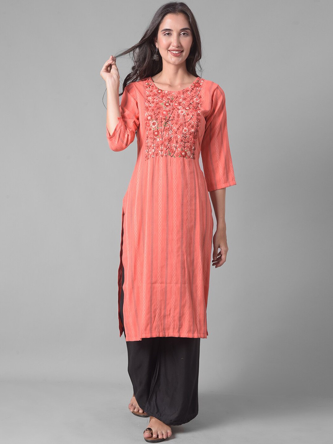 

Dollar Missy Striped Round Neck Three-Quarter Sleeve Thread Work Kurta, Orange
