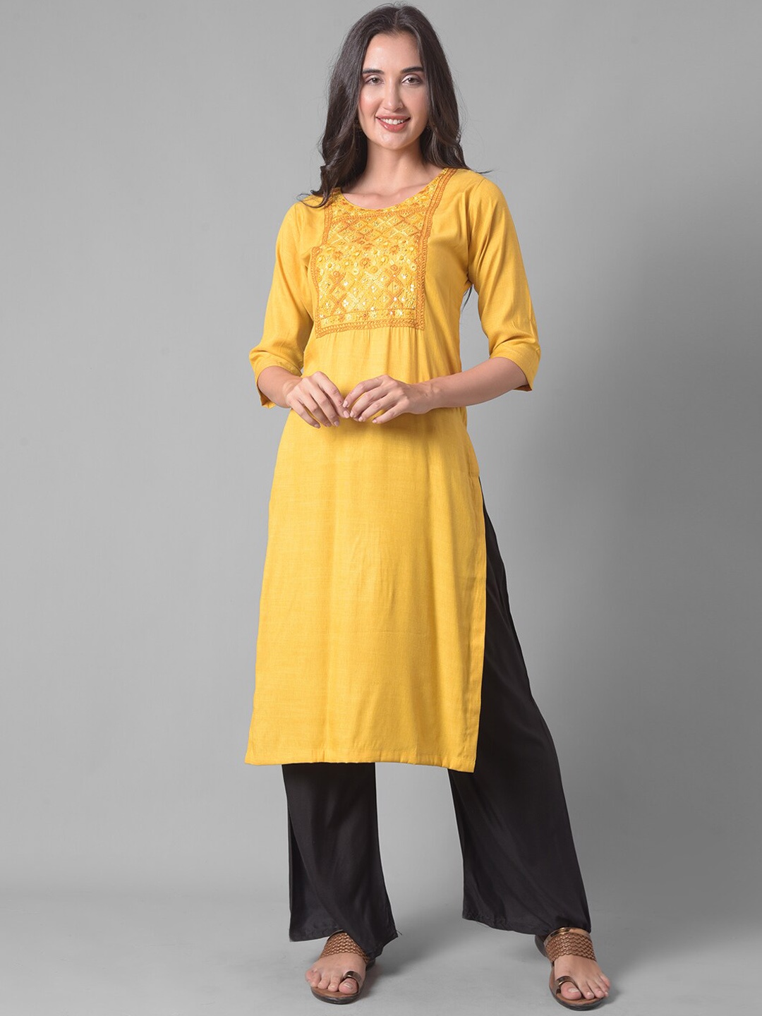 

Dollar Missy Ethnic Motifs Yoke Design Sequinned Straight Kurta, Yellow