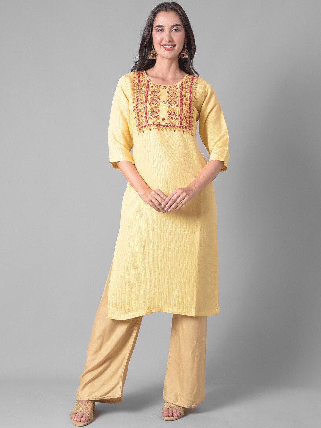 

Dollar Missy Ethnic Motifs Embroidered Round Neck Sequined Straight Kurta, Yellow