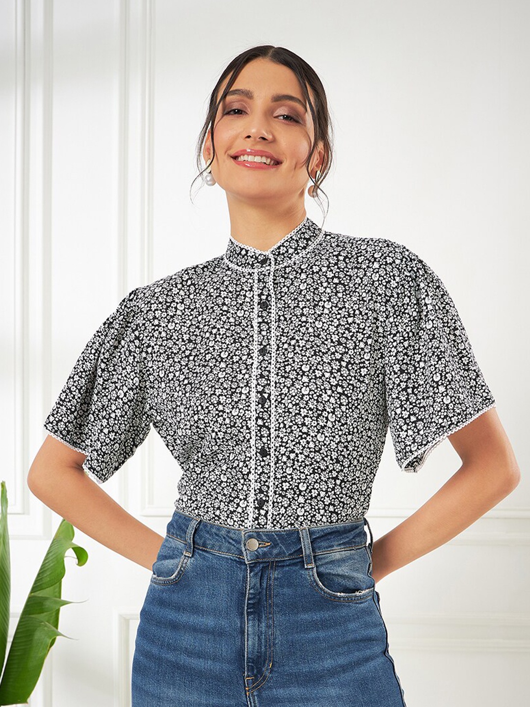 

Kibo Standard Floral Printed Band Collar Bell Sleeves Casual Shirt, Black