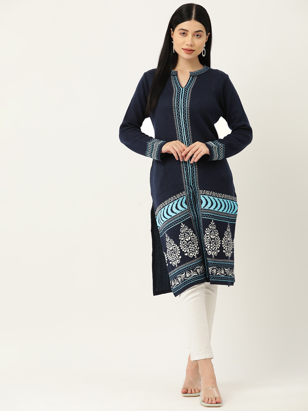 

American Eye Ethnic Motifs Acrylic Kurta, Navy blue