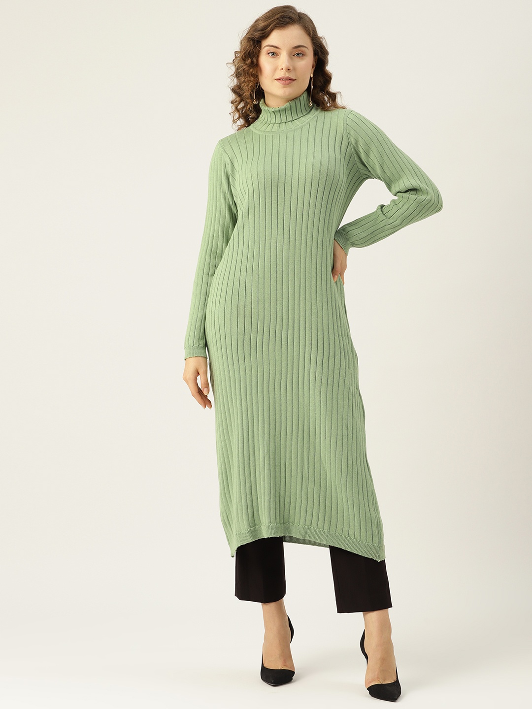 

American Eye Turtle Neck Cable Knit Acrylic Winter Kurta, Green