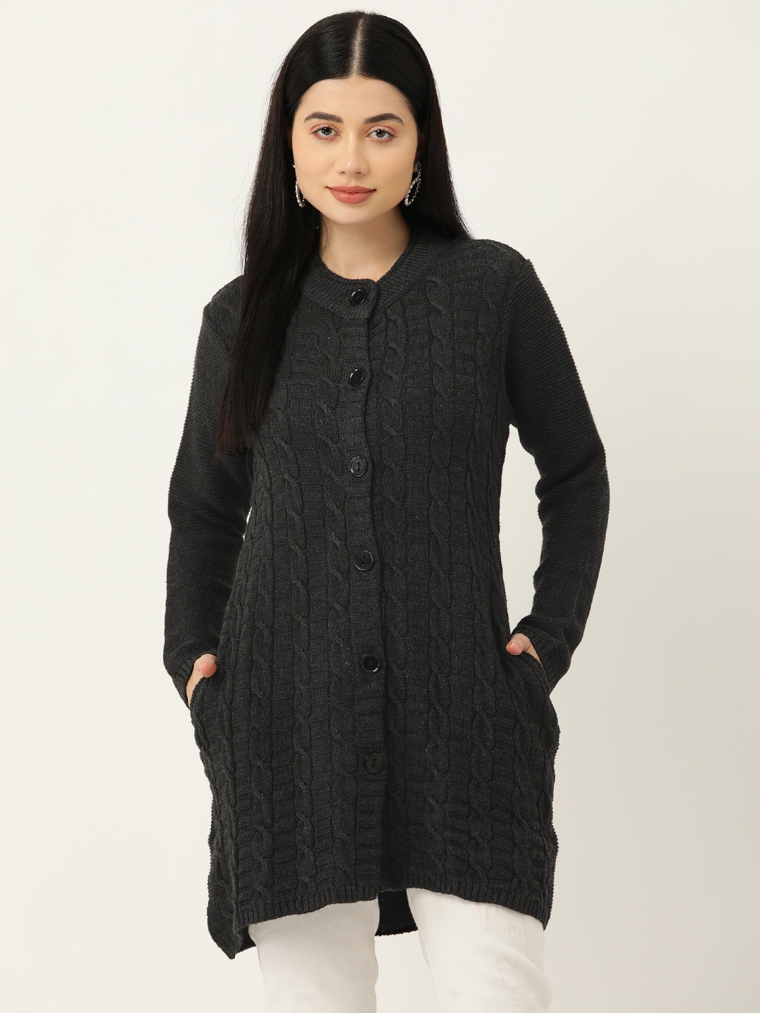 

American Eye Cable Knit Longline Cardigan, Charcoal