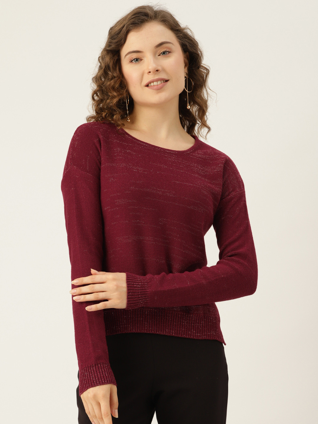 

American Eye Drop-Shoulder Sleeves Speckled Acrylic Pullover, Maroon