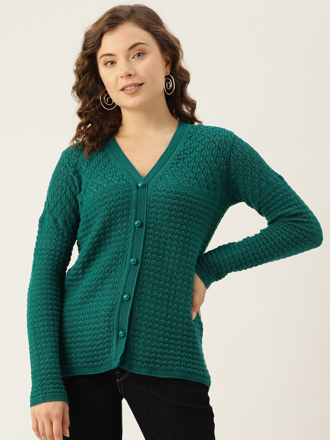 

American Eye Women Self Design Cardigan, Green