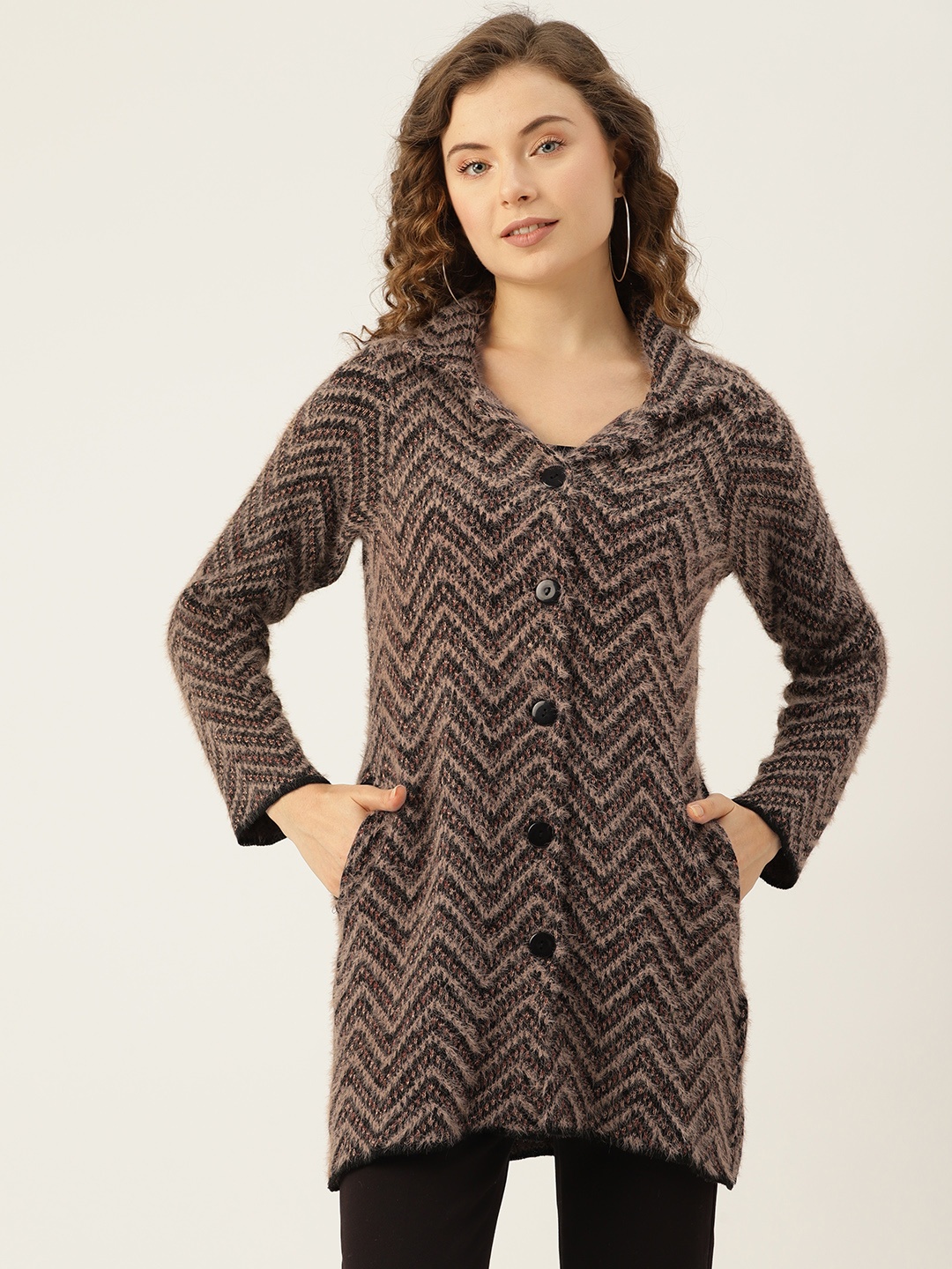 

American Eye Women Chevron Longline Cardigan with Fuzzy Detail, Brown